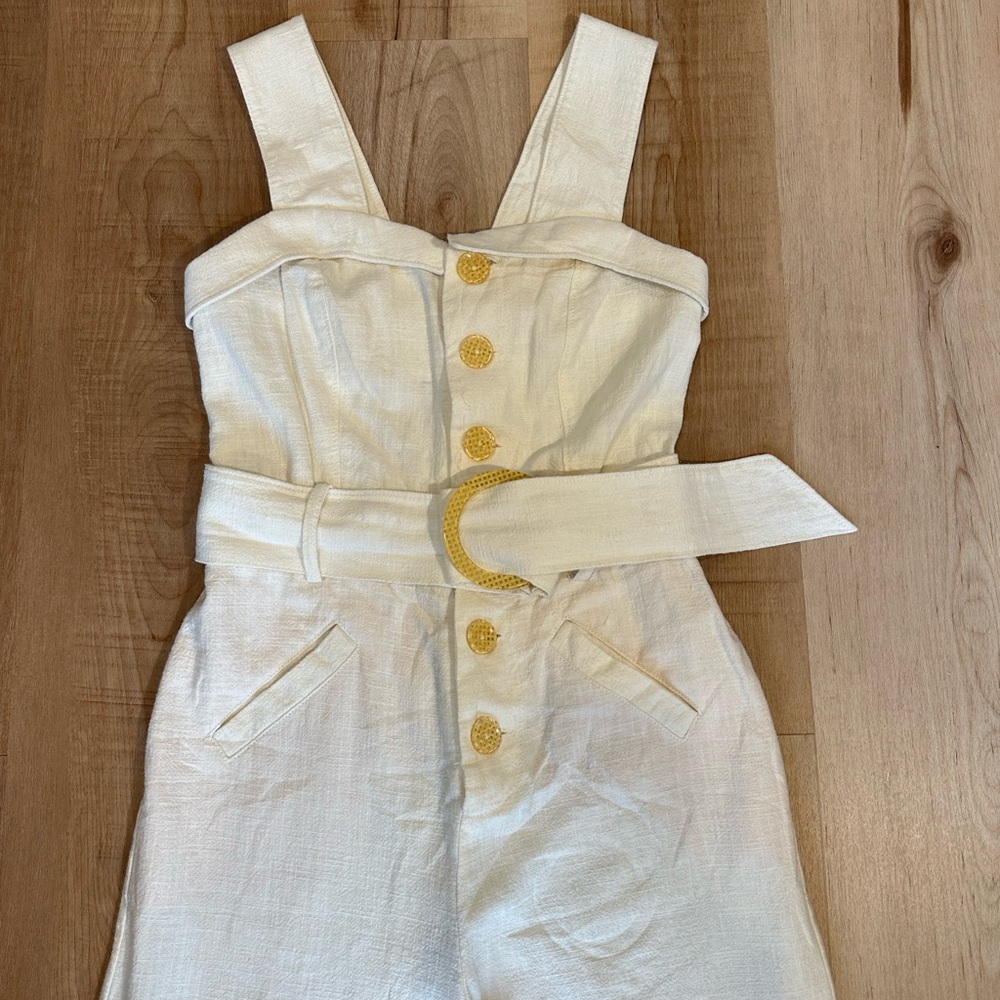 Anthropologie Button Front Belted Wide Leg Crop Jumpsuit Cream Size 00 Linen - Picture 5 of 16